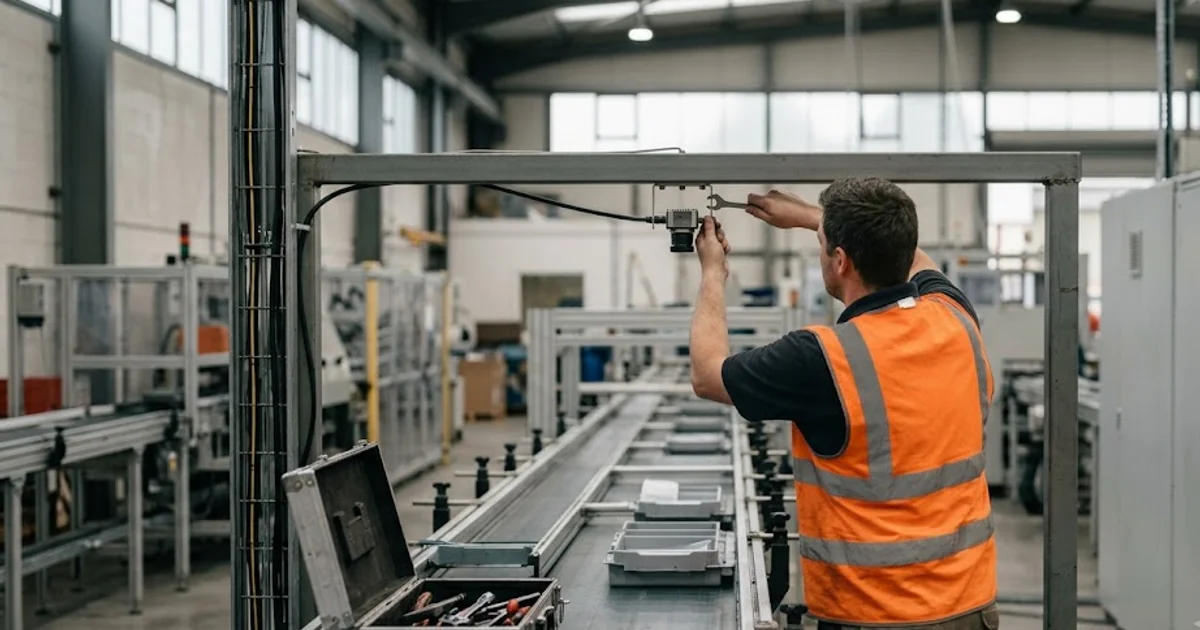 Technician bolting a compact machine-vision camera to an overhead crossbar above a conveyor line