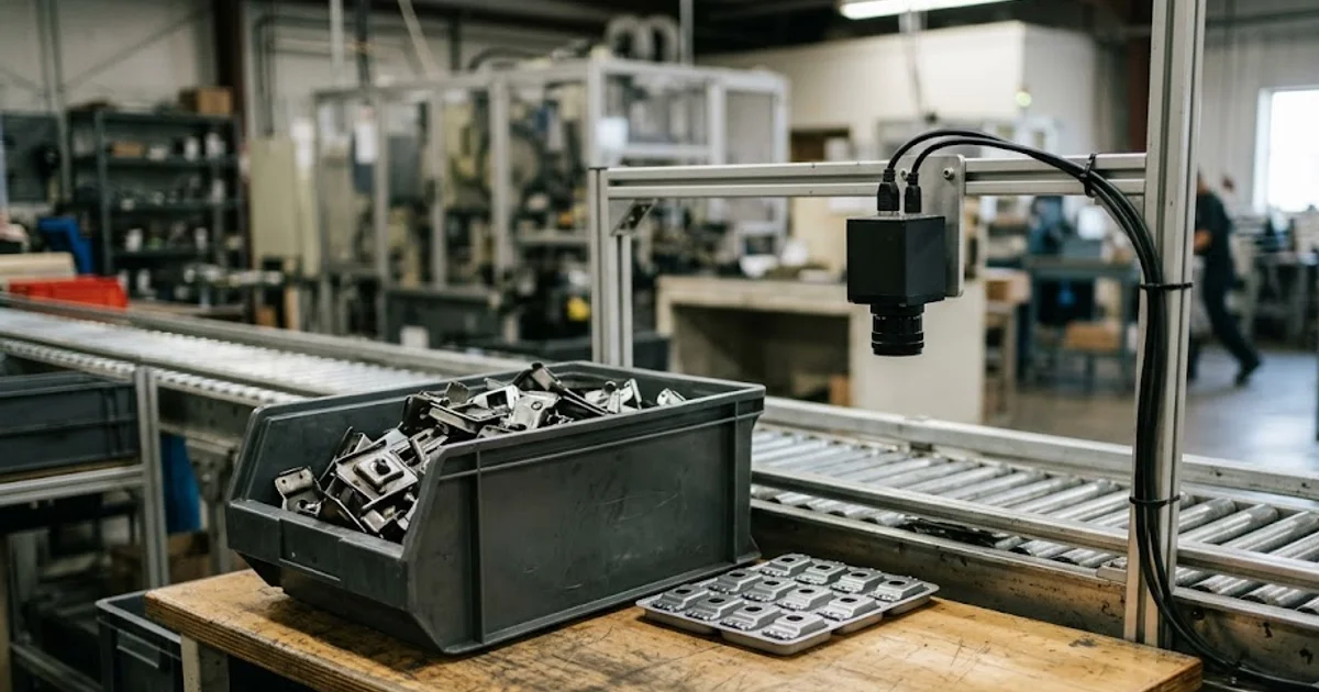 Bin of rejected metal parts and tray of good parts beside a conveyor with an overhead inspection camera