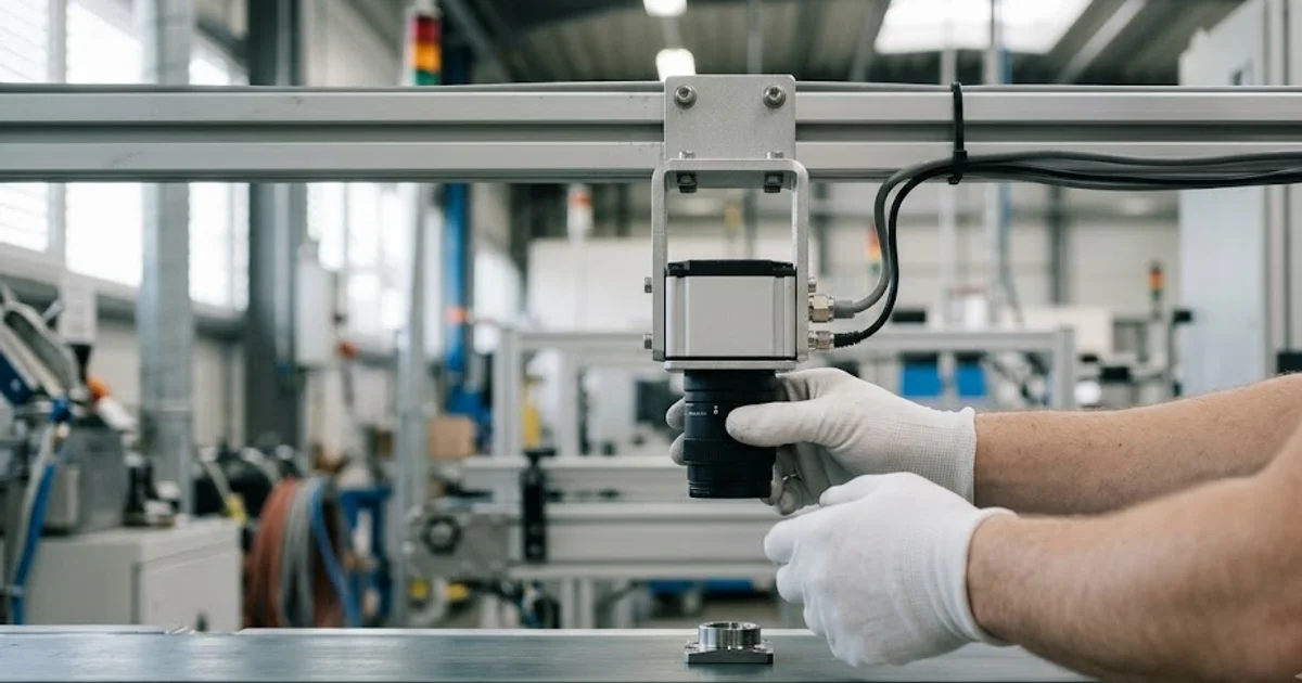 Gloved hands adjusting the focus ring of an inspection camera mounted above a part, without a laptop