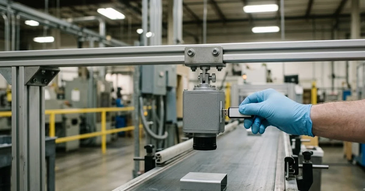 Gloved hand inserting a USB drive into an inspection camera above a stopped conveyor for an offline model update