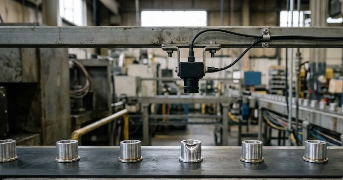 Overhead inspection camera above a row of identical machined bushings with one dented part standing out