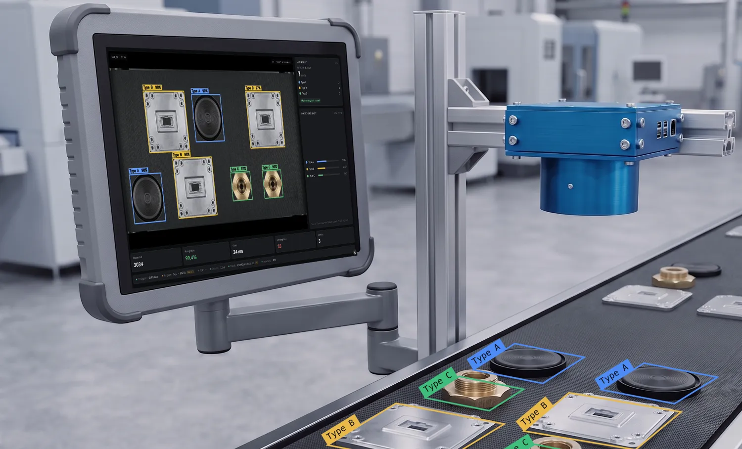 Adente Vision unit over a conveyor line; parts are classified as Type A, B and C and the monitor beside the line shows the results in Adente Vision Studio.