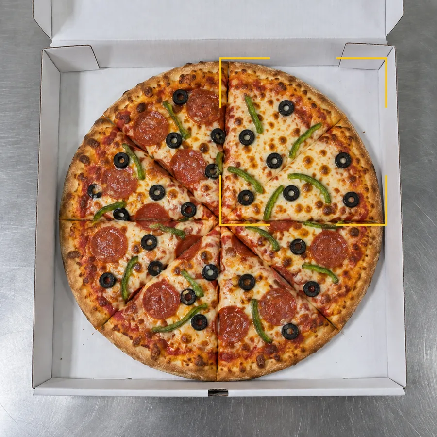The same pizza with no pepperoni on one quarter. Product check at the prep station.
