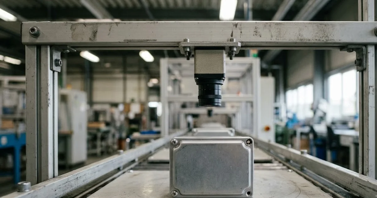 Inspection camera looking straight down at a metal housing on a conveyor pallet for assembly verification