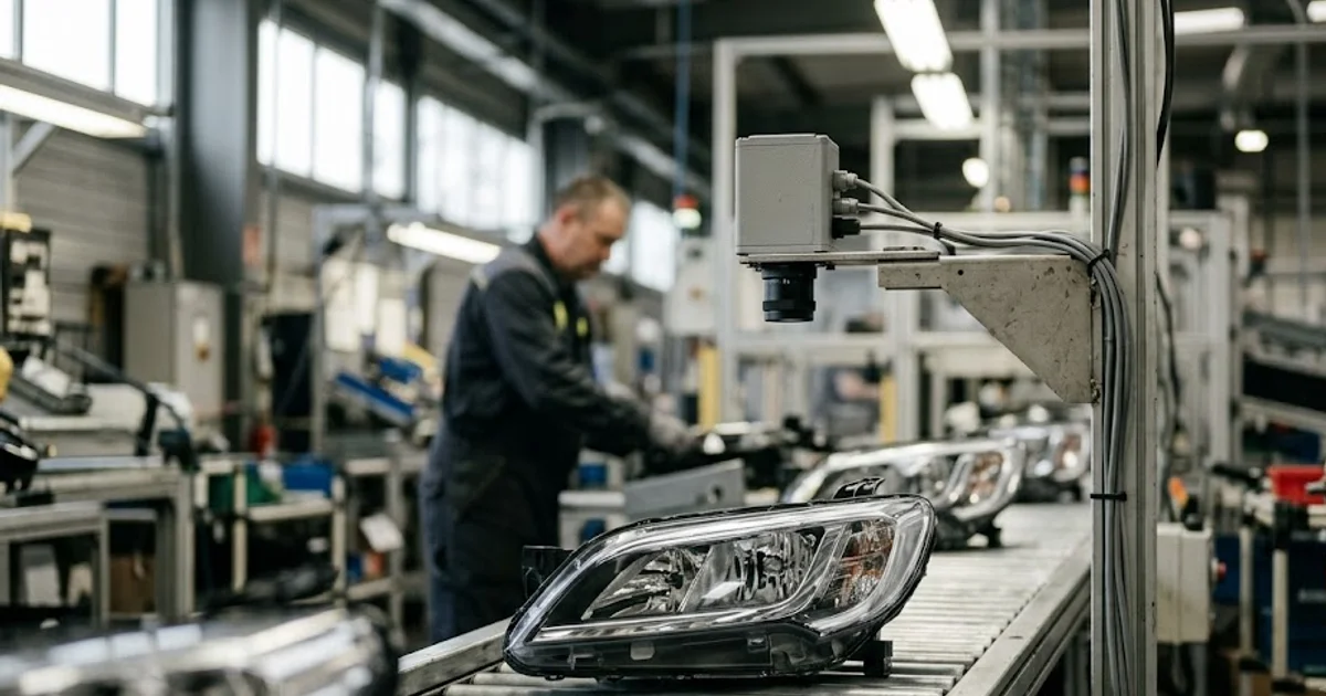 AI inspection camera checking car headlight units on an automotive assembly conveyor
