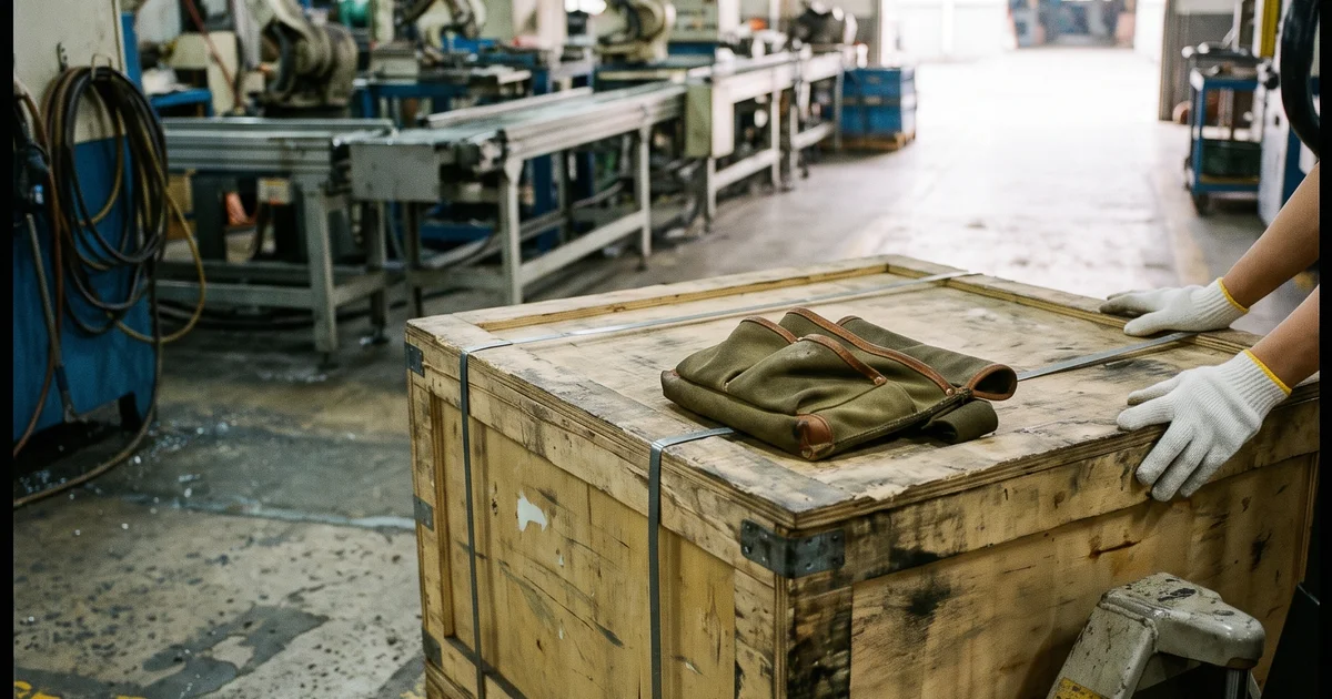A crated equipment box strapped to a pallet truck at the edge of a working production cell, an integrator's canvas tool pouch resting on the crate lid