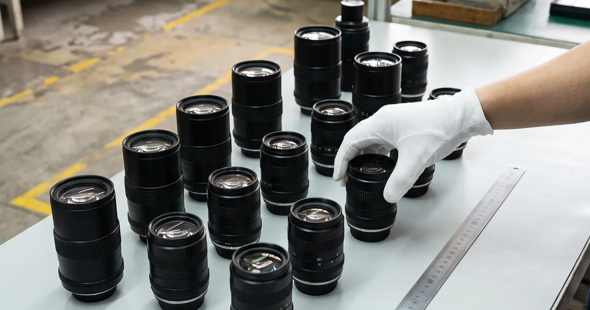 A dozen C-mount industrial machine-vision lenses of different focal lengths arranged on a clean workbench, a white-gloved hand picking one up, a steel rule alongside for scale