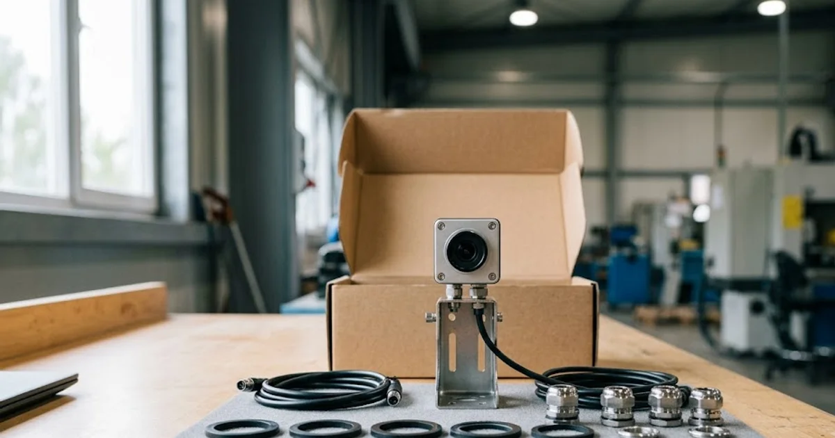 Compact inspection camera unit on a workbench with its box, sealing gaskets and stainless cable glands