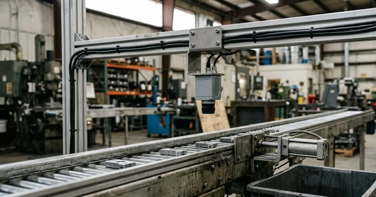 Inspection camera over a conveyor with a pneumatic pusher and reject bin deciding pass or fail downstream