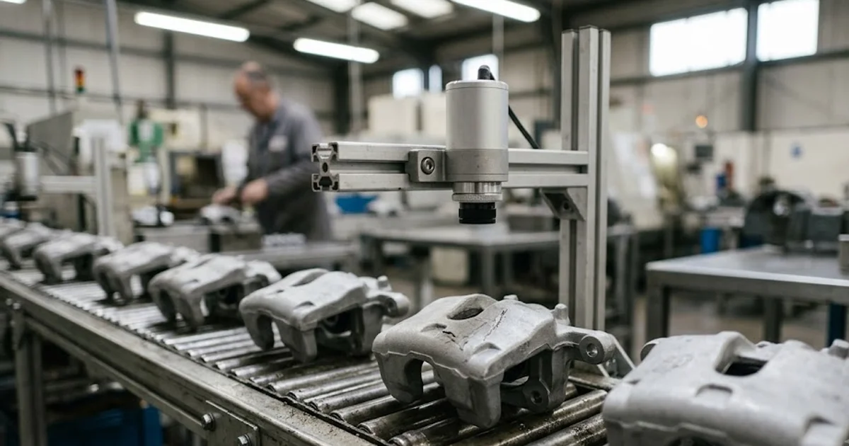 Inspection camera checking metal parts, one carrying a visible defect, on a conveyor