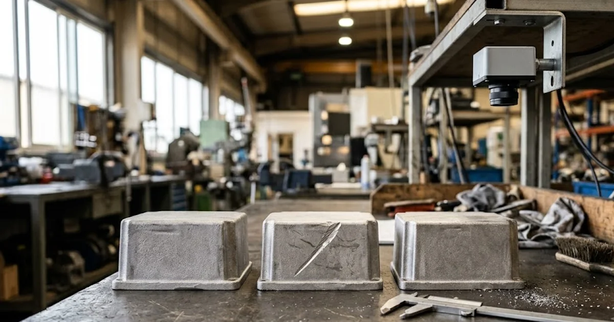 Three identical cast aluminium housings on an inspection bench, the middle one with a long gouge, a caliper in front