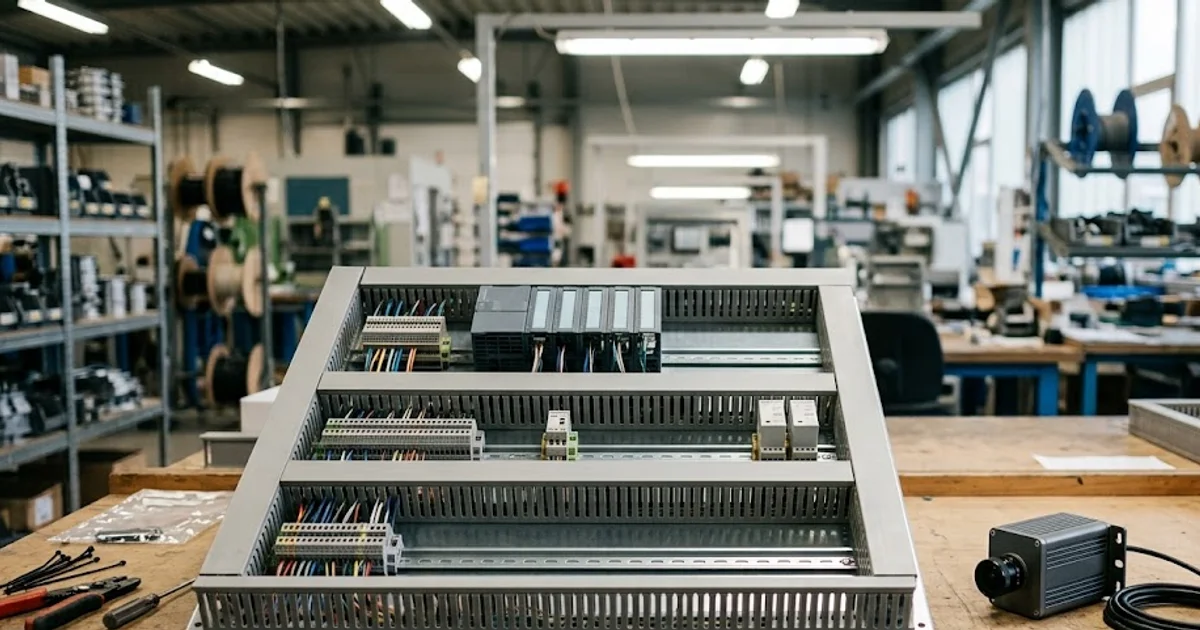 Control cabinet backplate with PLC and DIN rails on a workshop bench beside a compact inspection camera unit