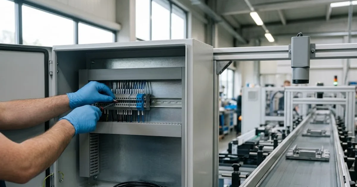 Gloved hands wiring 24V terminals in a control cabinet with an ethernet cable ready and an inspection camera over the line behind
