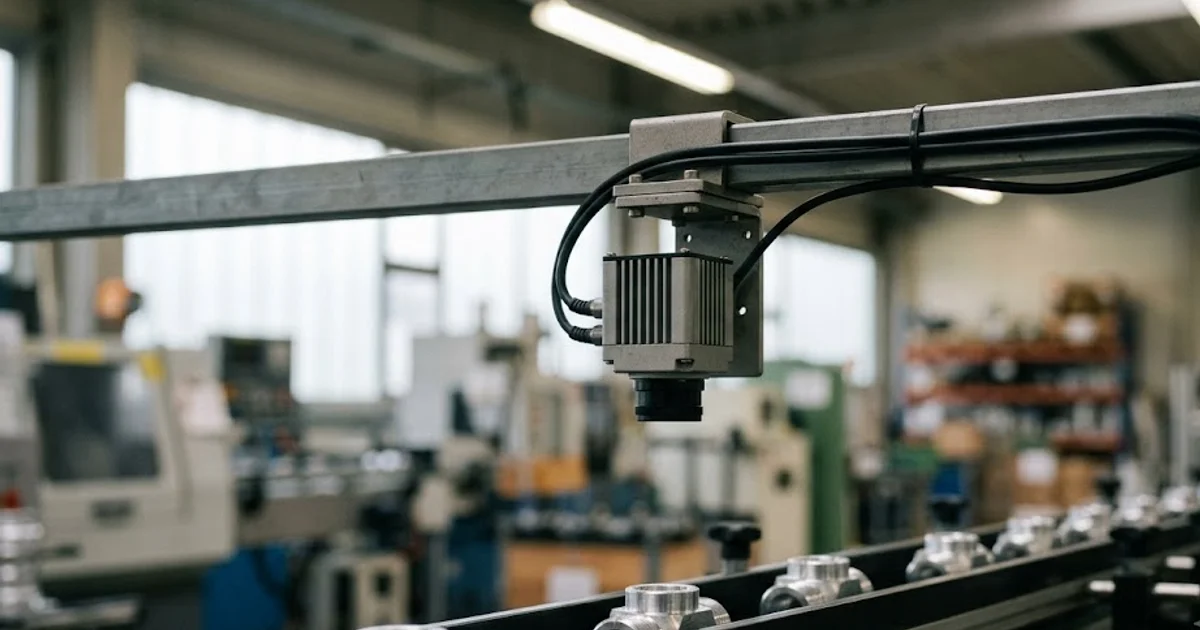 Finned edge-AI inspection camera mounted under a crossbar with its lens pointing straight down at machined parts on a belt