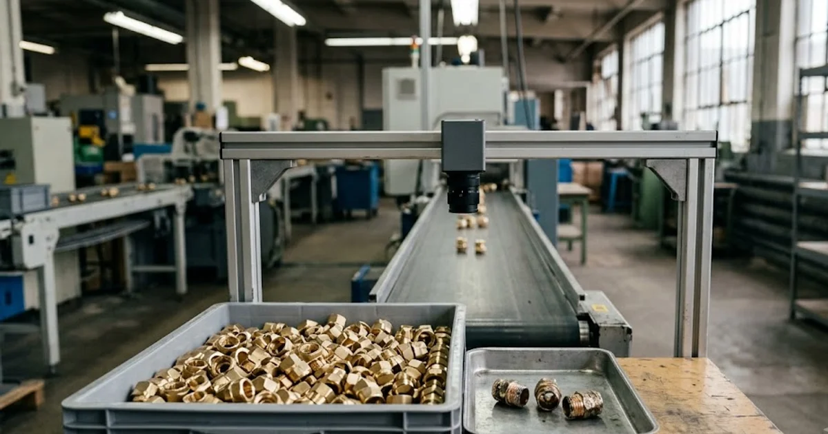 Large tray of good brass fittings beside a small tray of three defective ones under an inspection line camera