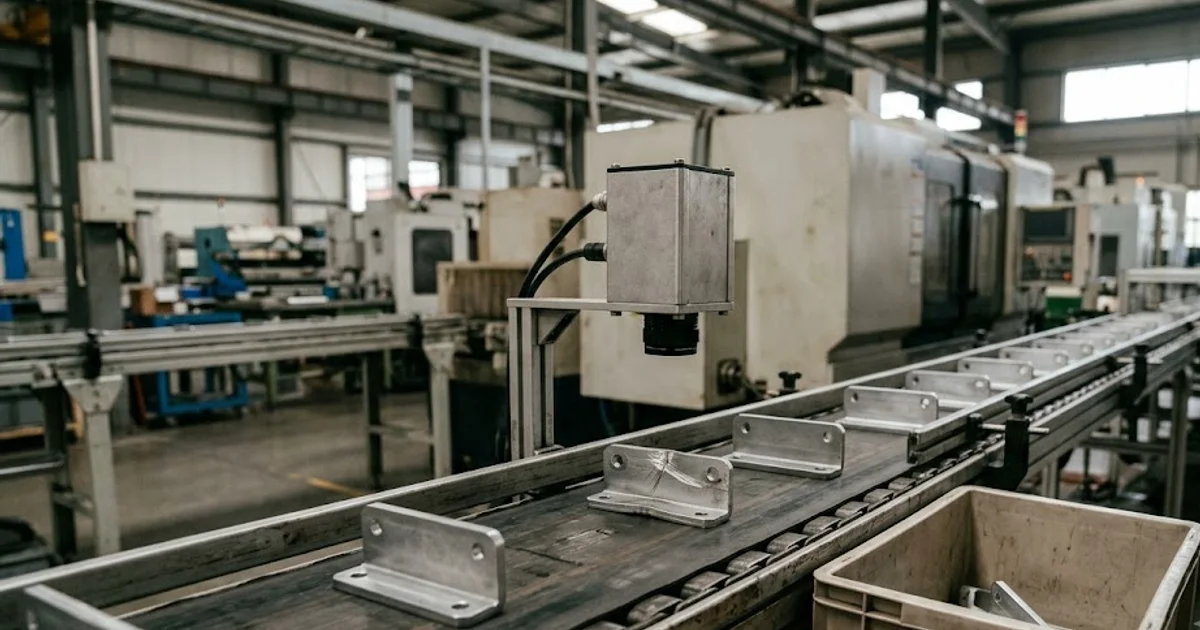 Inspection camera checking parts on a conveyor with a reject bin at the line end
