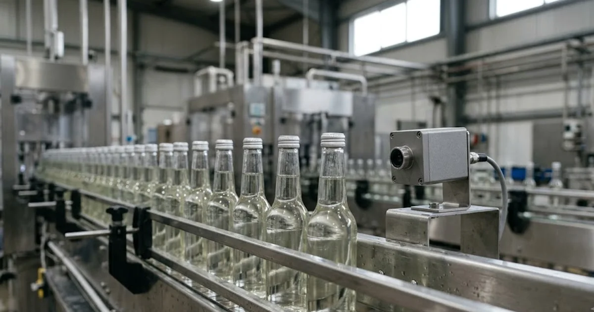 Inspection camera checking bottle caps on a stainless-steel beverage conveyor