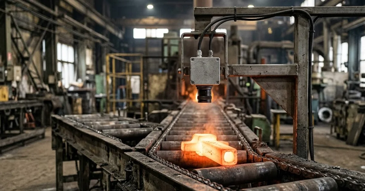 Rugged inspection camera aimed at a glowing hot metal part on a foundry conveyor