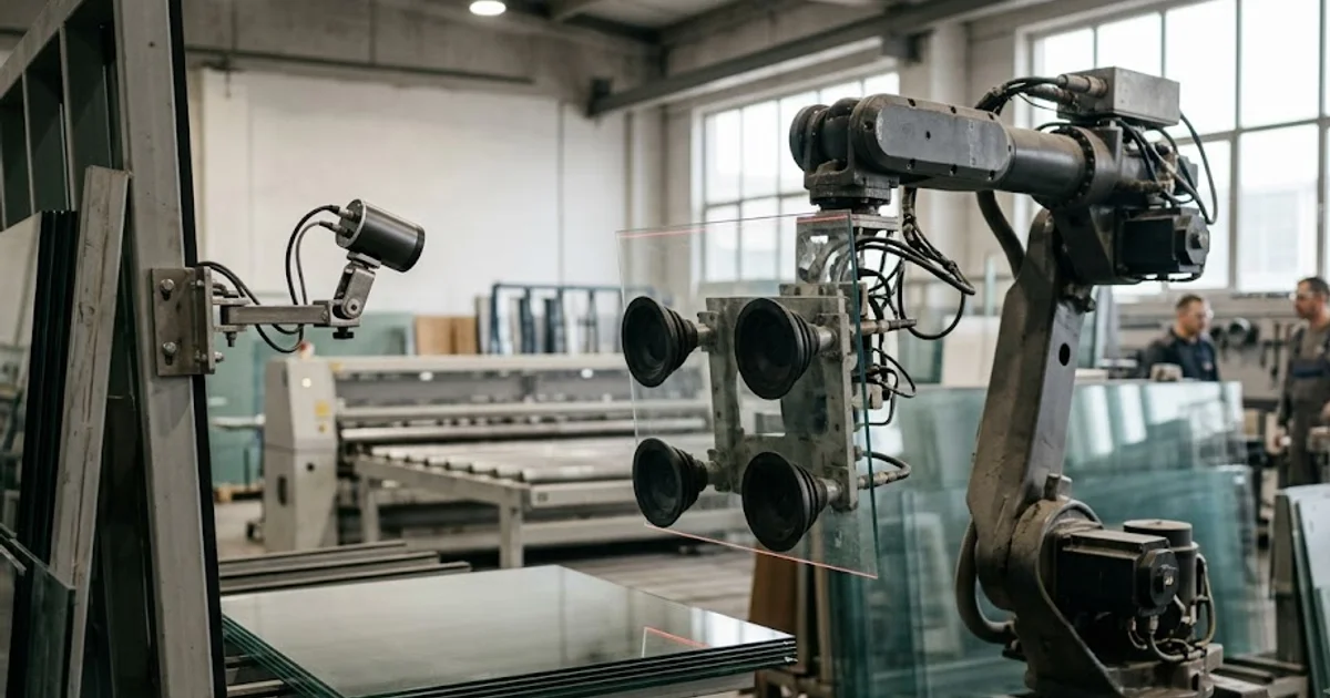 Vision system with a laser line locating a transparent glass panel on a handling line