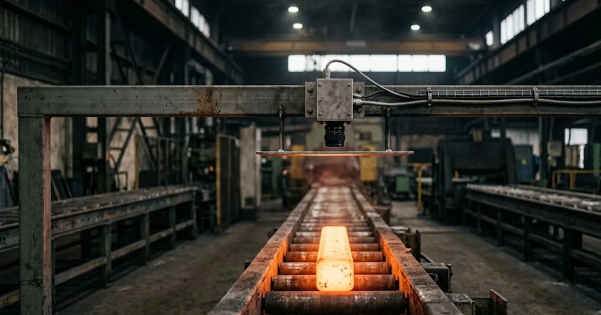 Rugged inspection camera behind a heat shield above a glowing hot billet on a foundry roller conveyor