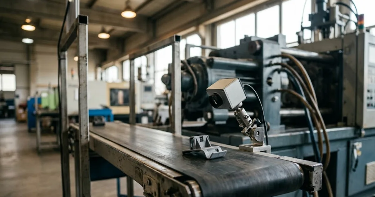 Inspection camera checking a moulded plastic part beside an injection-moulding machine