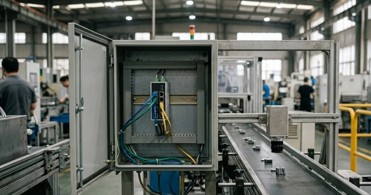 Industrial ethernet switch in a control cabinet with three patch cables, an inspection camera over the conveyor behind