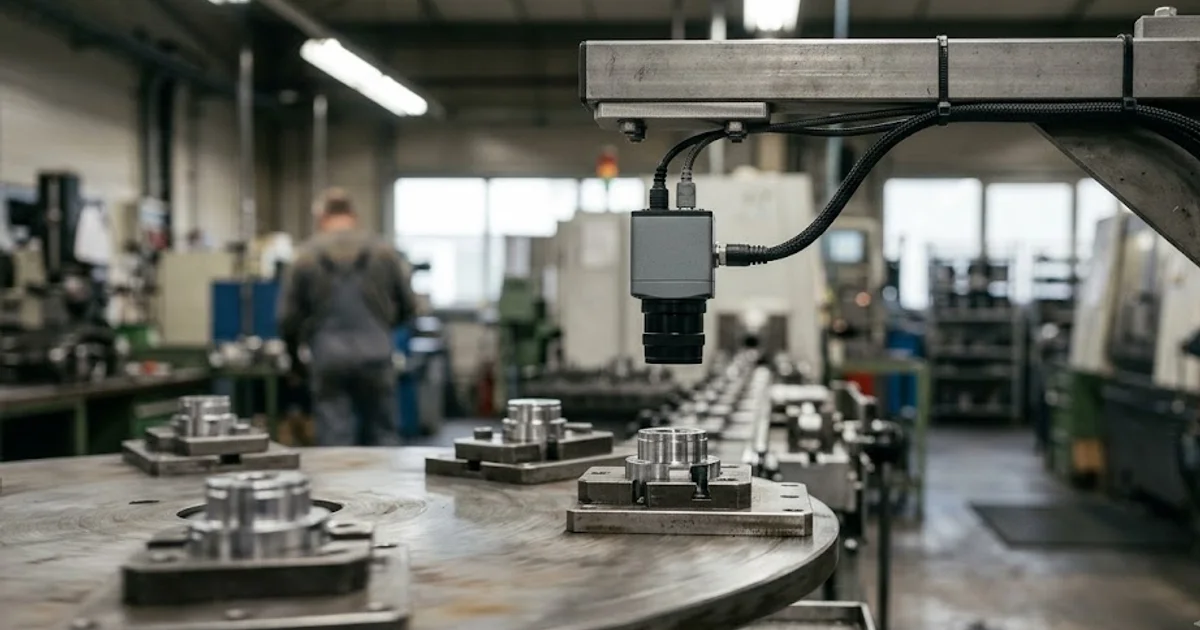 Rotary index table station passing beneath an overhead inspection camera on a fast cycle