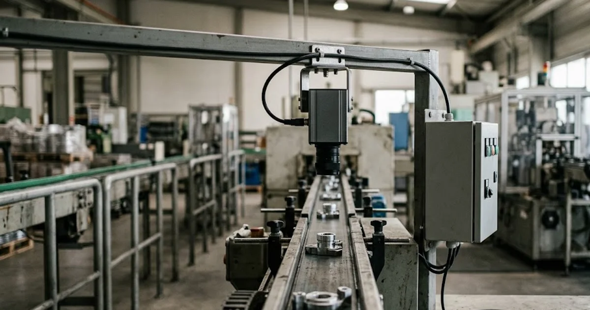 Inspection camera over a conveyor wired into a local control cabinet at the line, with no outbound network run