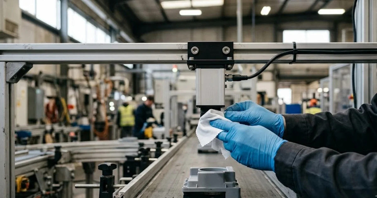 Gloved hands wiping the glass lens window of an inspection camera mounted above a stopped conveyor