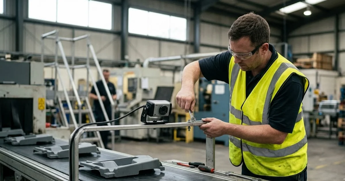 Technician mounting a compact inspection camera on a conveyor during a quick install
