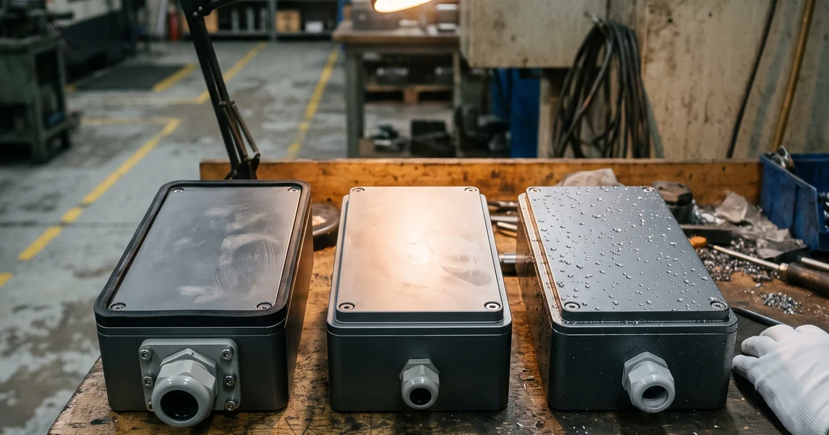 Three industrial enclosures side by side on a workbench differing in gasket depth and gland type, one still beaded with water droplets from a washdown test