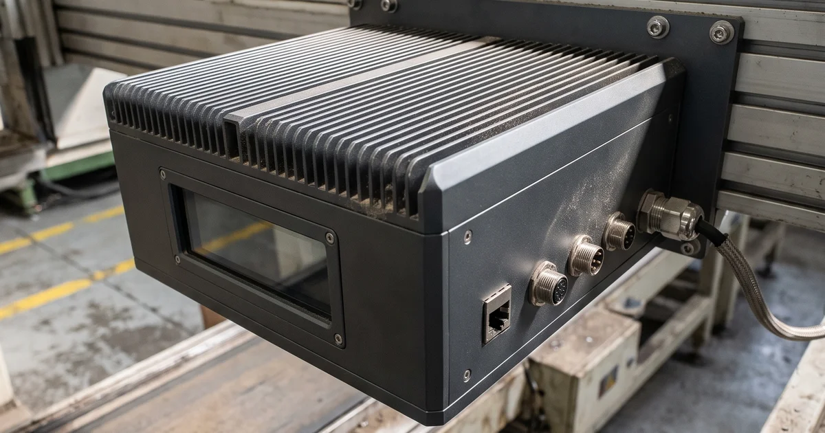 A fanless finned-aluminium edge-AI compute unit bolted to a static extrusion frame beside a conveyor, dust settled between its heat-sink fins