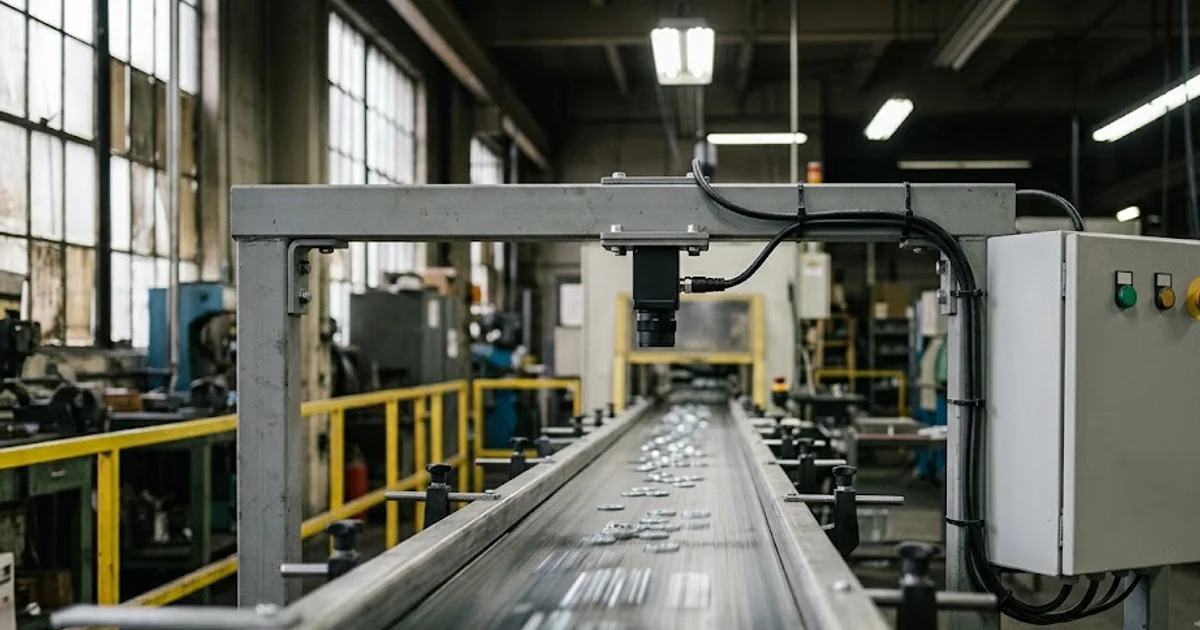 Inspection camera sharp above a motion-blurred high-speed belt with a compact local control cabinet at the line