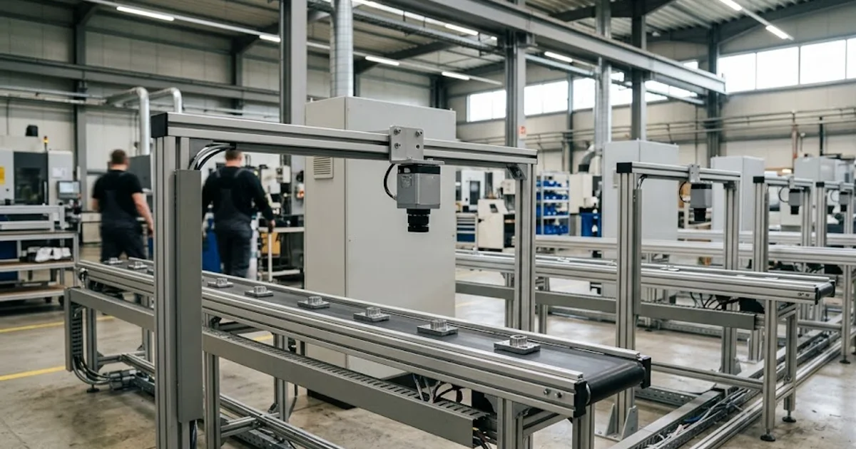 Modern factory hall with several conveyor lines, each carrying its own overhead inspection camera