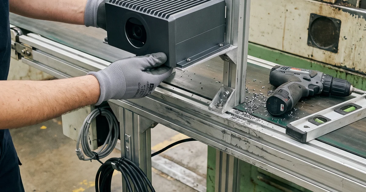 Technician in clean gloves mounting an edge-AI inspection unit onto an aluminium-extrusion bracket above a conveyor, with a spirit level, a cordless drill and drill swarf on the frame