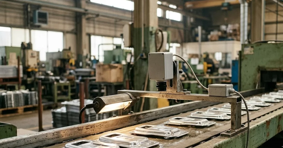 Inspection camera aimed at shiny machined metal parts on a conveyor