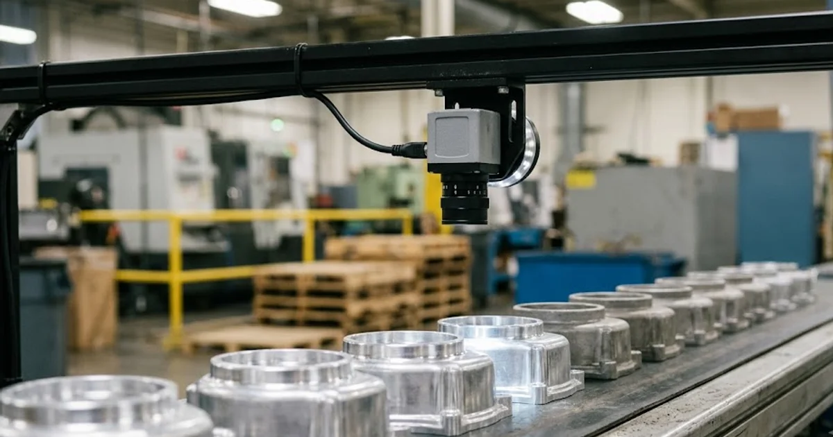 Inspection camera above a conveyor carrying identical machined parts whose surface finish drifts from bright to dull