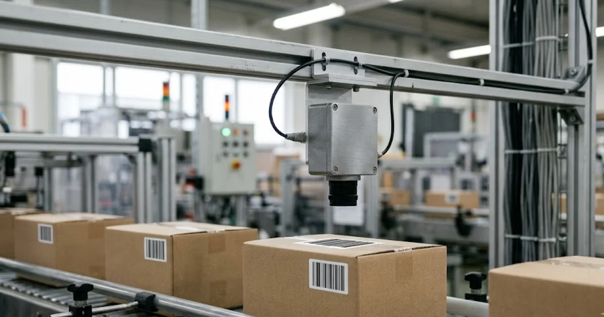 Inspection camera looking straight down at barcode labels on cardboard cartons passing on a conveyor