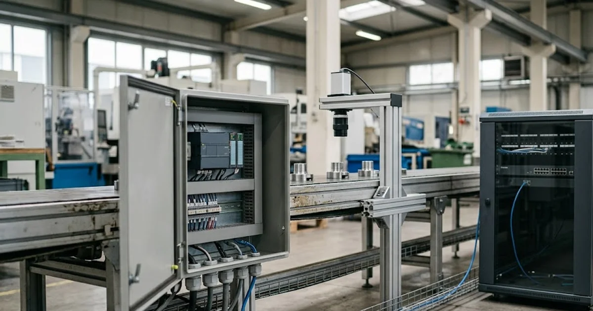 An industrial control cabinet at the line and an office network cabinet linked by a single routed ethernet cable
