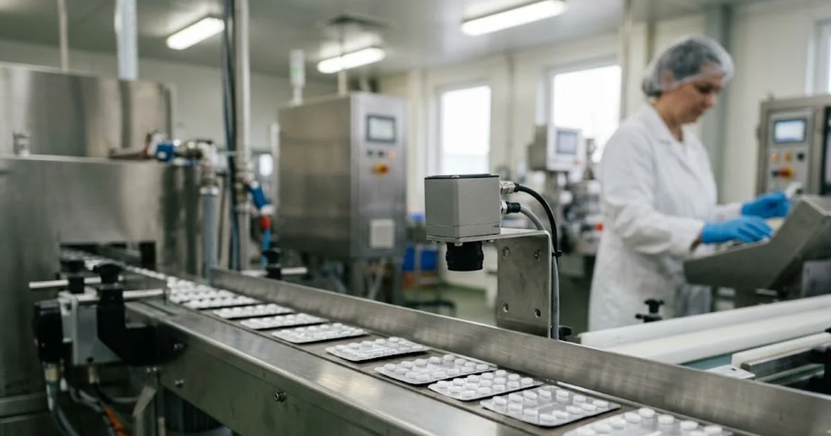 AI vision camera inspecting foil blister packs on a pharmaceutical packaging line