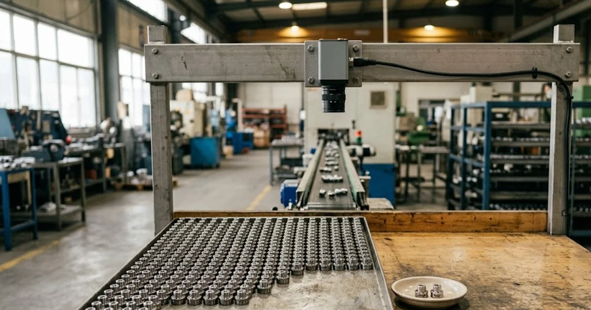 A large tray of hundreds of good machined parts beside a small dish holding only two rejects