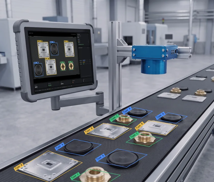 Adente Vision unit over a conveyor line: parts flow along the belt and are classified as Type A, B and C; the monitor beside the line shows the live results in Adente Vision Studio.