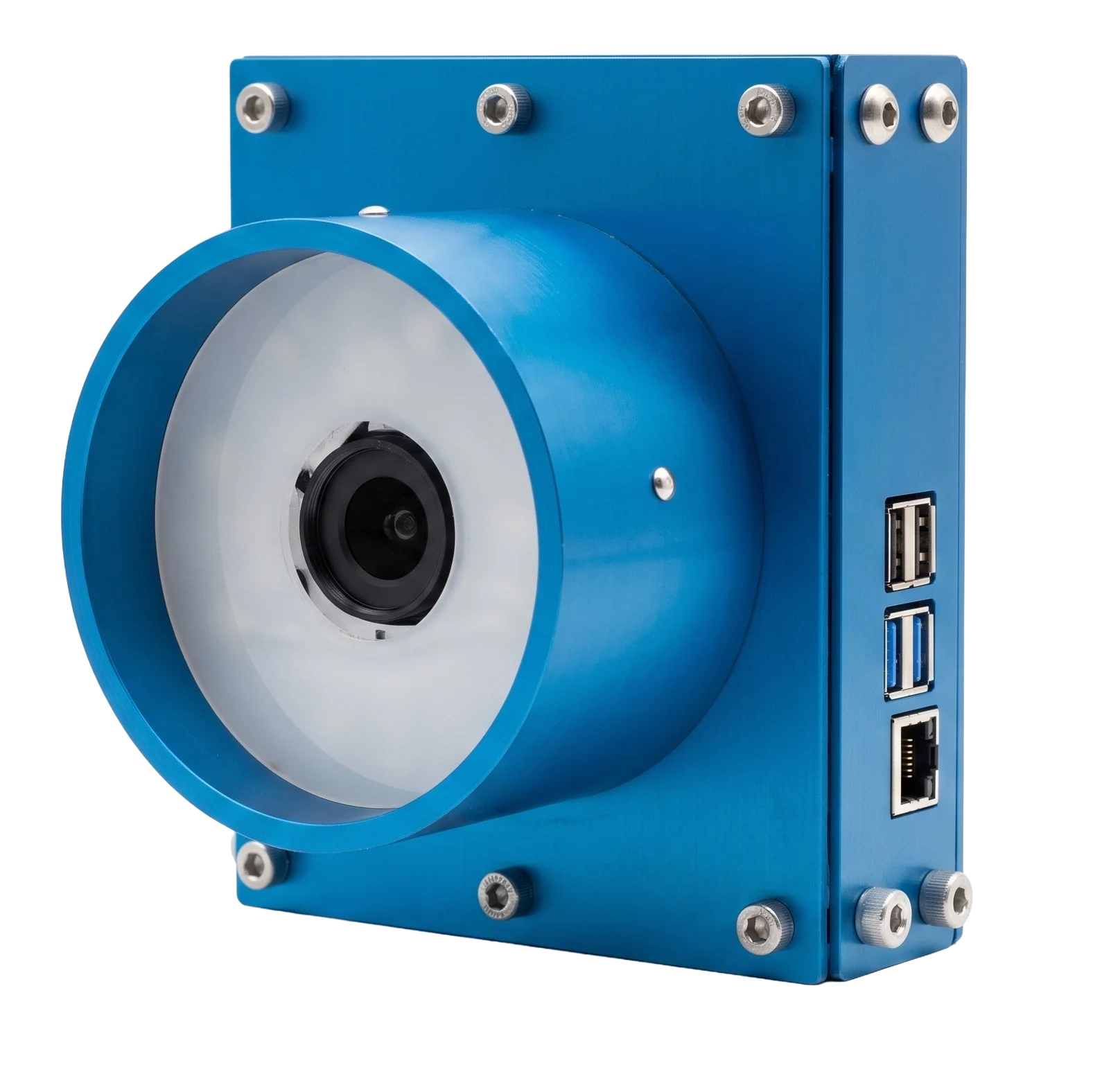 Adente Vision inspection unit: camera, C-mount lens and LED ring light in a blue anodized aluminium enclosure, with the edge compute and the USB and Ethernet ports on the body.