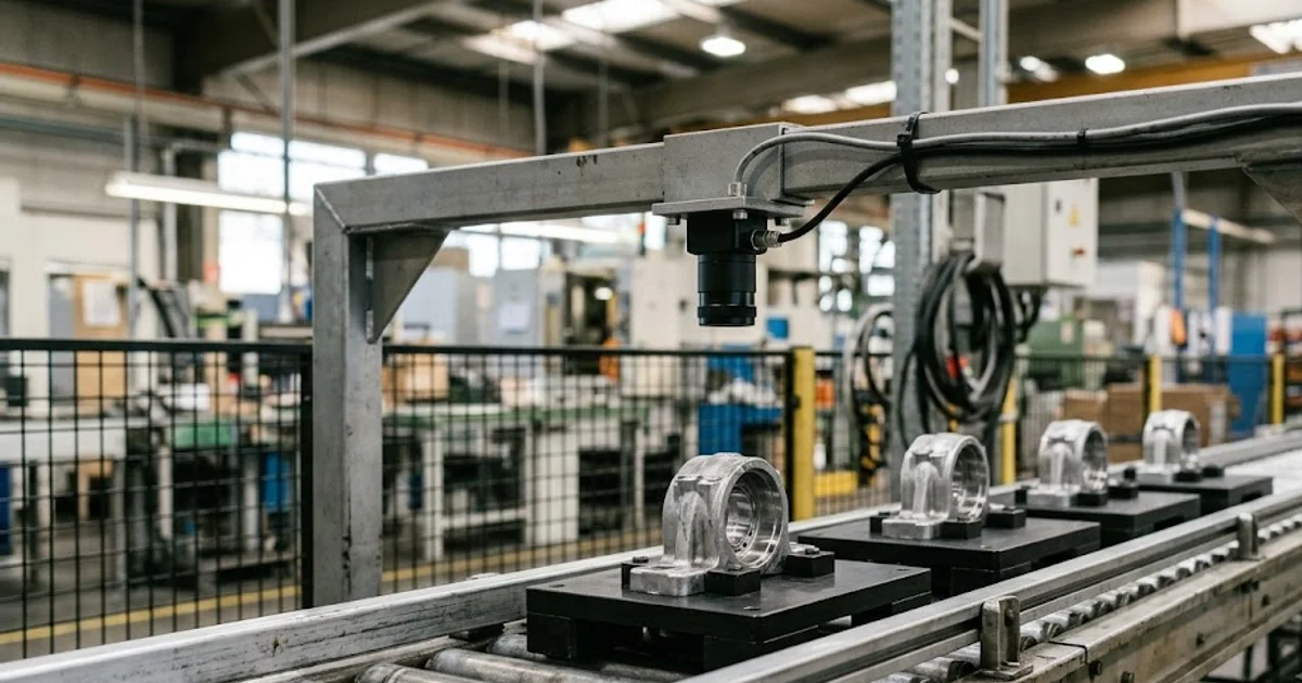 Inspection camera above a conveyor where each machined part rides in its own fixture pallet in sequence
