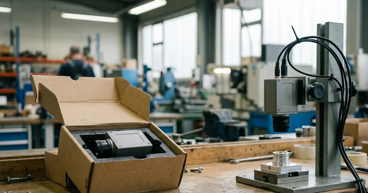 A boxed inspection unit on the bench beside an identical one already mounted and working over a part