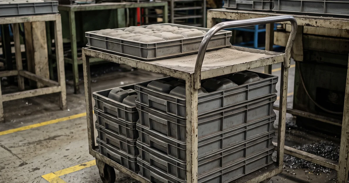 A wheeled rework trolley stacked with trays of good-looking plastic parts parked in a taped-off area on a worn factory floor, dust on the top tray