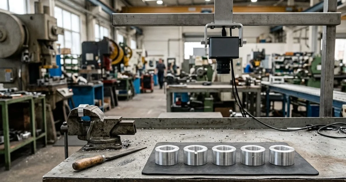 Machined parts on a bench beside a file and vice used to introduce defects by hand