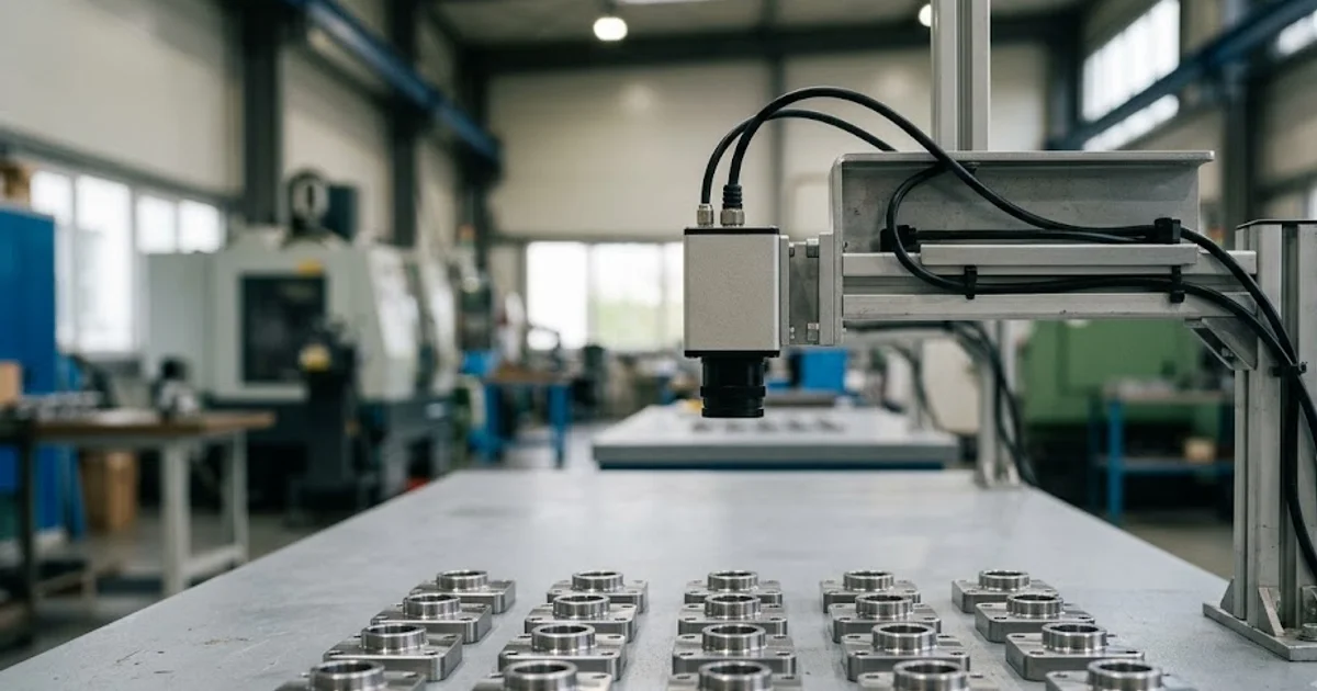 About twenty identical flawless machined parts in an even grid under an inspection camera