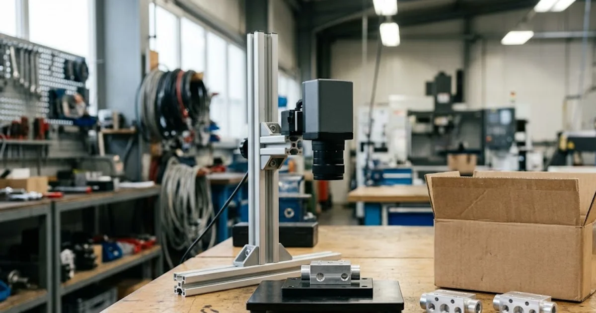 A demonstration bench with a customer sample part under an inspection camera and more samples beside it