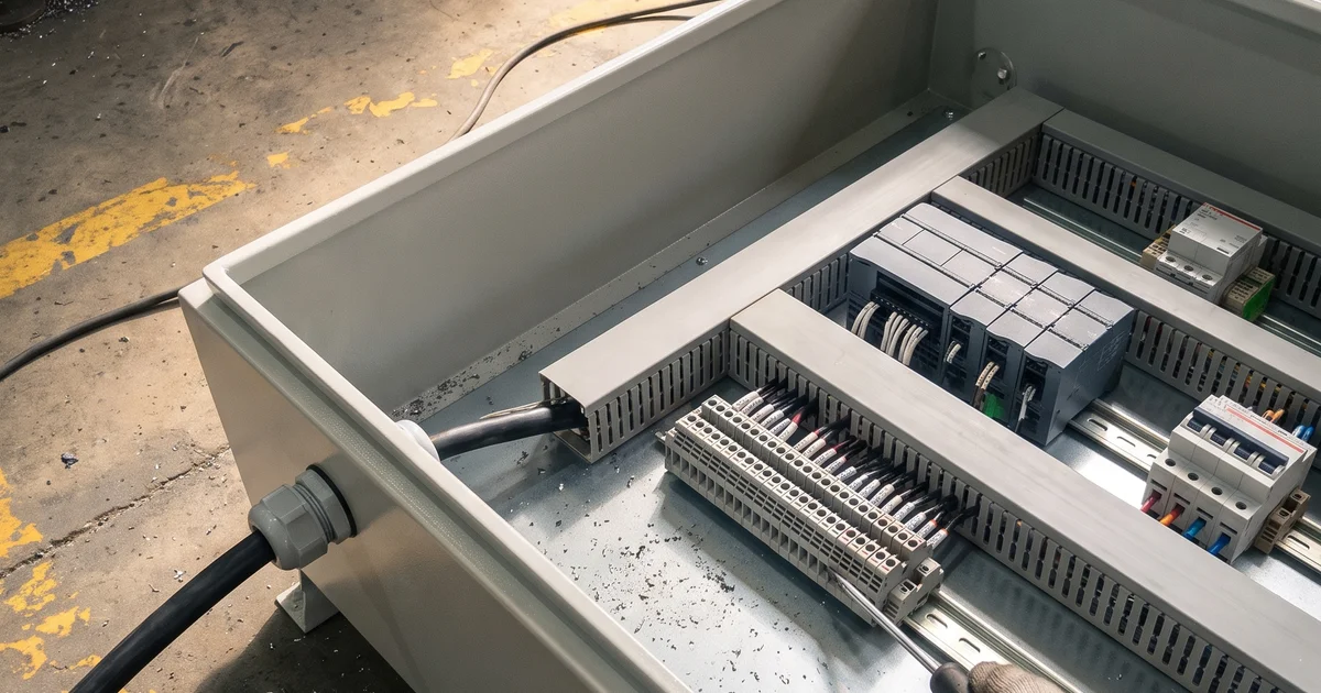 A cable pulled through an M20 gland into an open modern control cabinet with a PLC on clean DIN rail and spring-clamp terminal blocks, a gloved hand holding a screwdriver at the terminals